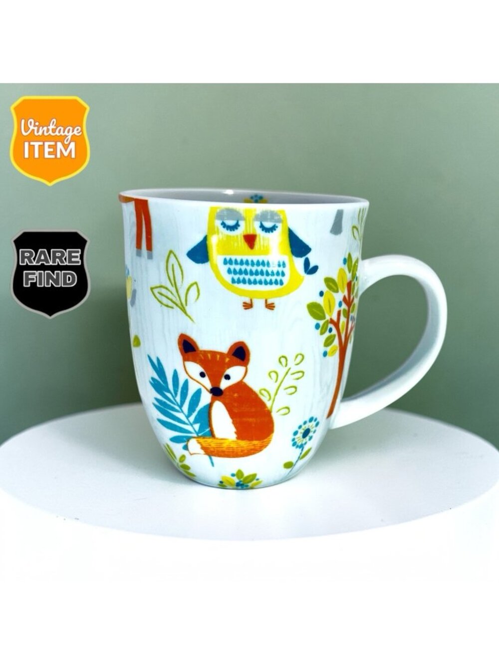 Vintage Woodland Friends Ceramic Mug by Creative Tops. Owl, Fox, and Deer. RARE!